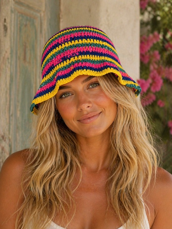Rose Carmine Accessories - Rose Camine NWT multi coloured striped Crochet Summer Bucket Hat